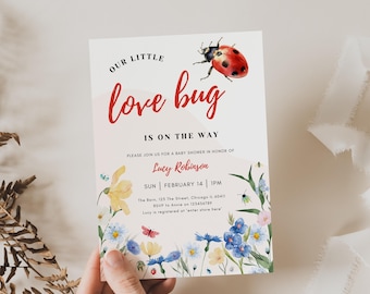 Little Love Bug Baby Shower Invitation, Editable Gender Neutral Ladybug Insect Baby Shower Invitation Template, Bug Invite Canva Text Invite