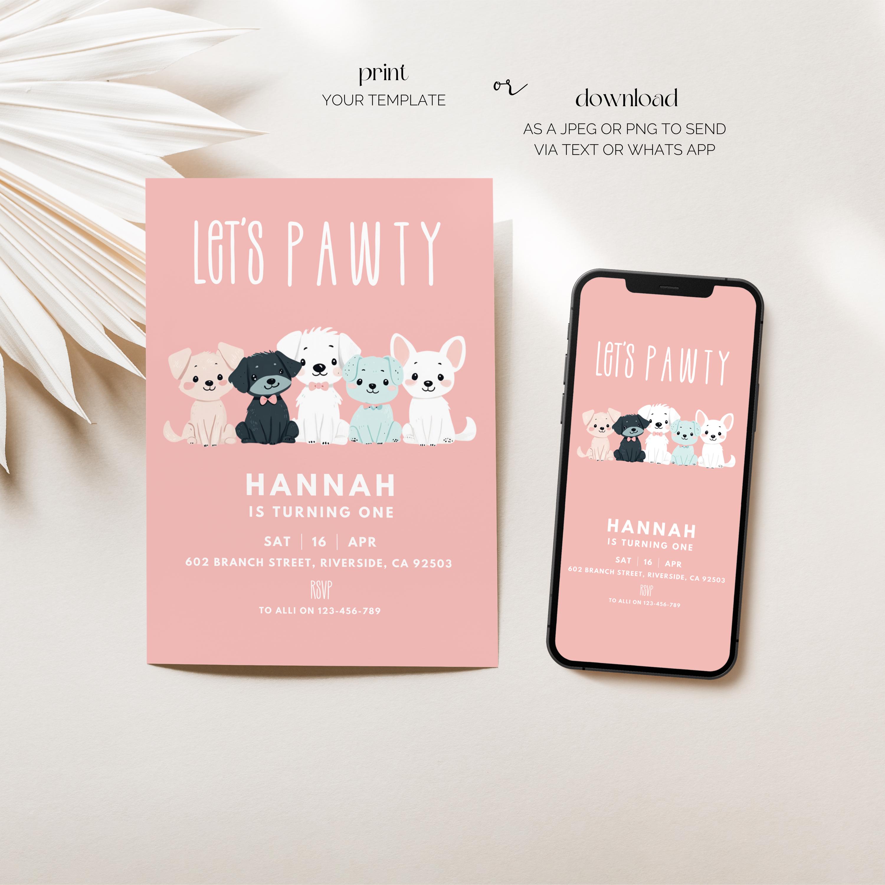 Editable Pink Girl Dog Birthday Invitation, Puppy Party Invite, Lets ...
