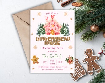 May include: A pink and white gingerbread house with candy decorations, surrounded by snow-covered trees. The text "Gingerbread House" is written in gold glitter letters. The invitation is for a decorating party hosted by The Smith's on December 10th at 1 PM. The address is 123 Christmas Street, Grinch Town. RSVP to Adele at 0123456789.