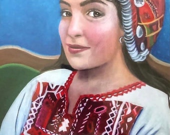 Palestinian Woman in Embroidered Dress (Tatreez), Limited Reproduction of Original Art