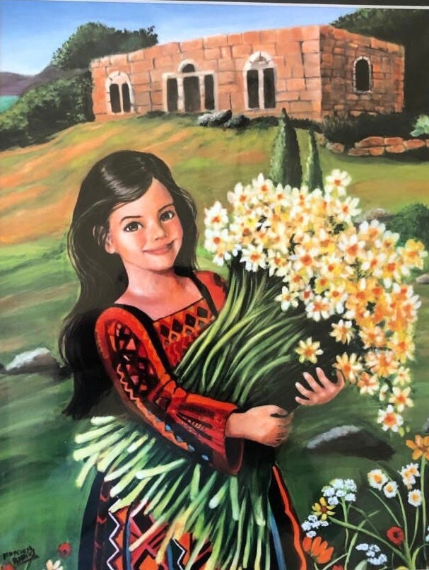 Young Palestinian Girl Picking Flowers, Limited Reproduction of Original Art