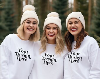 Group Mockup Gildan 18000 White Christmas Sweatshirt Mock Models Friend Friendship Mockups Winter Snow Lifestyle Mock-up Mocks Print Demand