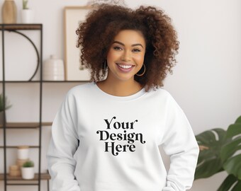 Mockup White Gildan 18000 Mock-up Sweatshirt Mock Curvy Black African American Diverse Models Mockups Cute Boho Plus Sized Modern Mocks POD