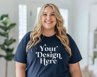 Plus Size True Navy Shirt Mockup Comfort Colors 1717 Blue Diverse Blonde Models Mock-ups Lifestyle Studio Cute CC1717 Curvy Aesthetic Mocks