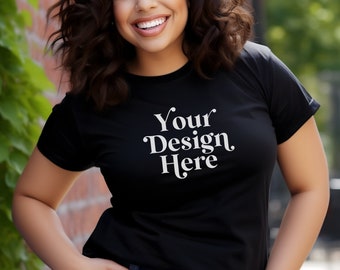 Black Shirt Mockup Bella Canvas 3001 Latina Model Mockups Trendy Modern Lifestyle Mock-up T-Shirt Aesthetic Tee Mock Stock Photo Tees BC3001