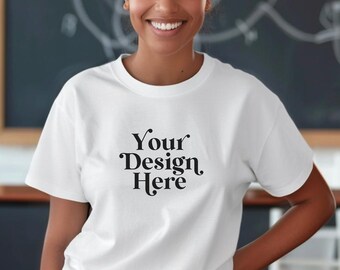 White Bella Canvas 3001 High School Teacher Mockup Crew Tee Shirt Mock Black African American Diverse Model Classroom Body Positive POD