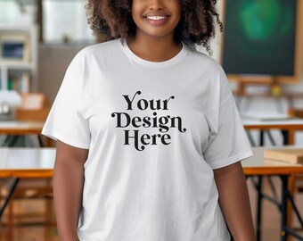 Teacher Mockup White Bella Canvas 3001 Crew Tee Shirt Plus Size Mock Black African American Diverse Model School Classroom Body Positive POD