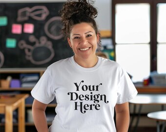 Science Teacher Mockup White Bella Canvas 3001 Tee Shirt Plus Sized Mock Latina Hispanic Diverse Model School Classroom Body Positive POD