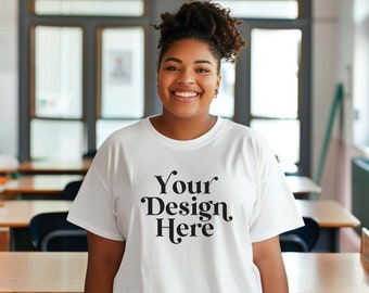 White Bella Canvas 3001 Teacher Mockup Crew Tee Shirt Plus Size Mock Black African American Diverse Model School Classroom Body Positive POD