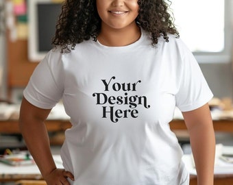 White Bella Canvas 3001 Teacher Mockup Crew Tee Shirt Plus Size Mock Black African American Diverse Model School Classroom Body Positive POD