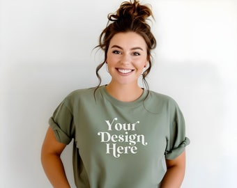 Sage Mockup Bella Canvas 3001 Shirt Diverse Models Brunette Boho Mock-up Body Positive Minimalist Lifestyle Aesthetic Cute Modern Mocks POD