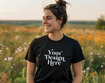 Black BC3001 Wildflower Mockup Bella Canvas 3001 T-Shirt Diverse Model Boho Floral Spring Summer Outdoor Lifestyle Aesthetic Shirt Mocks POD