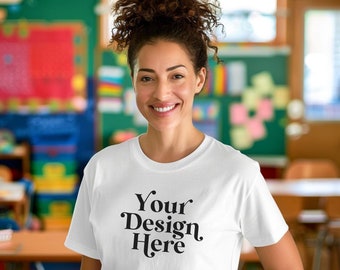 Elementary Teacher Mockup White Bella Canvas 3001 Crewneck Tee Shirt Mock Latina Hispanic Diverse Model School Classroom Body Positive POD