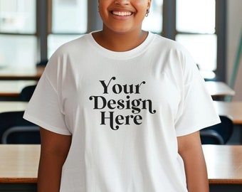 White Bella Canvas 3001 Teacher Mockup Crew Tee Shirt Plus Size Mock Black African American Diverse Model School Classroom Body Positive POD