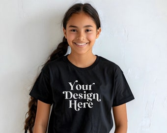 Teenage Girl Mockup Bella Canvas 3001Y Black Shirt Youth Teen Diverse Hispanic Latina Models Girls T-Shirt Mock-up Aesthetic POD Tee Mocks