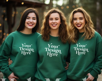 Gildan 18000 Group Mockup Forest Green Christmas Sweatshirt Mock Models Friends Mockups Winter Snow Lifestyle Mock-up Mocks POD Print Demand