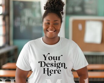 White Bella Canvas 3001 Teacher Mockup Crew Tee Shirt Plus Size Mock Black African American Diverse Model School Classroom Body Positive POD