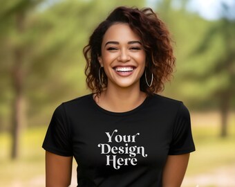 Bella Canvas 3001 Black Shirt Mockup Latina Model Mockups Trendy Modern Lifestyle Mock-up T-Shirt Aesthetic Tee Mock Stock Photo Tees POC