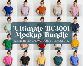 Mockup Bundle All 86 Bella Canvas 3001 Solid Colors Minimalist CVC BC3001 T-Shirt Woman Model Mocks Boho Lifestyle Body Positive Womens POD