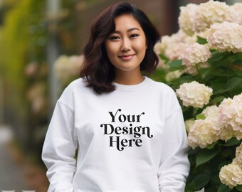 White Gildan 18000 Mockup Crewneck Sweatshirt Spring Flowers Floral Mock Asian Diverse Models Mockups Cute Modern Mocks Aesthetic Trendy POD