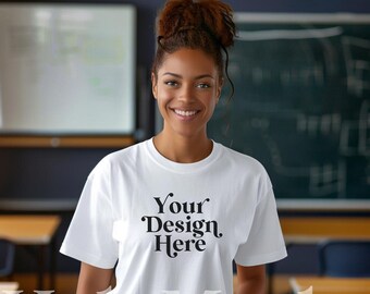 Math Teacher Mockup White Bella Canvas 3001 Crew Tee Shirt Mock Black African American Diverse POC Models School Classroom Body Positive POD