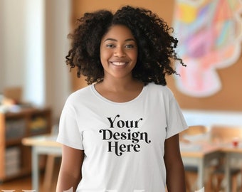 White Bella Canvas 3001 Teacher Mockup Crew Tee Shirt Plus Size Mock Black African American Diverse Natural Hair Model School Classroom POD