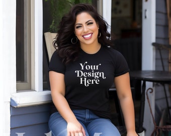 Bella Canvas 3001 Black Shirt Mockup Latina Model Mockups Trendy Modern Lifestyle Mock-up T-Shirt Aesthetic Tee Mock Stock Photo Tees POC