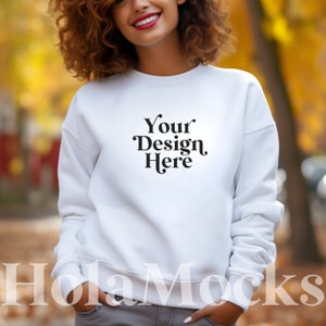 Fall Mockup Gildan 18000 White Sweatshirt Autumn Halloween Mock-up Hispanic Latina Diverse Model Mockups Women Cute Boho Aesthetic POD Mocks