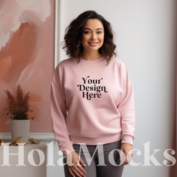 Mockup Gildan 18000 Light Pink Sweatshirt Mock Cute Boho Modern Mock-up Hoodie Diverse Models Mockups Aesthetic Stock Photo G18000 POD Mocks