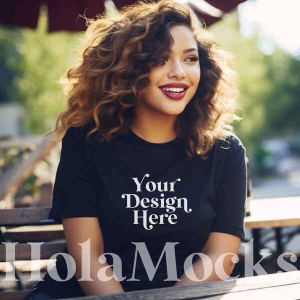 Bella Canvas 3001 Black Shirt Mockup Latina Model Mockups Trendy Modern Lifestyle Mock-up T-Shirt Aesthetic Tee Mock Stock Photo Tees POC