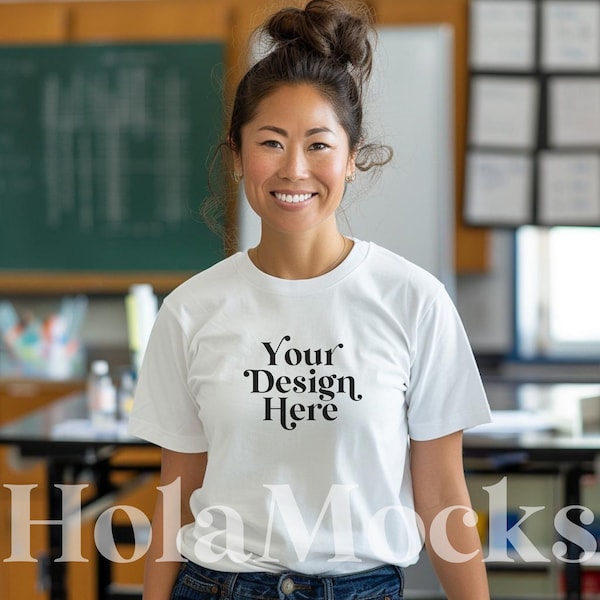 Teacher Mockup White Bella Canvas 3001 Crewneck Tees Shirt Mock Asian Diverse Models High School Classroom Body Positive Size Inclusive POD