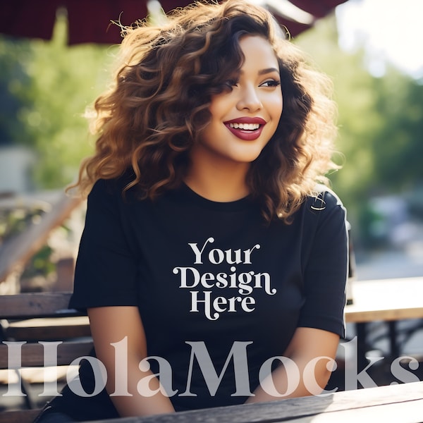 Bella Canvas 3001 Black Shirt Mockup Latina Model Mockups Trendy Modern Lifestyle Mock-up T-Shirt Aesthetic Tee Mock Stock Photo Tees POC