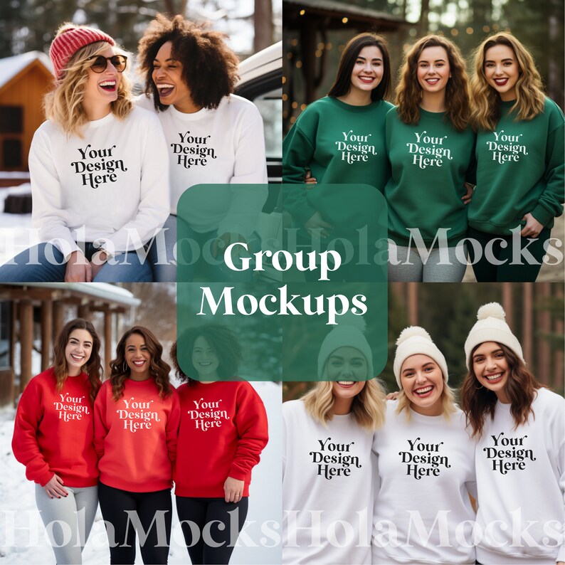 May include: A collage of images featuring groups of people wearing sweatshirts. The sweatshirts are white, green, and red, each with the text "Your Design Here" in a stylized font. The images are set in outdoor environments.