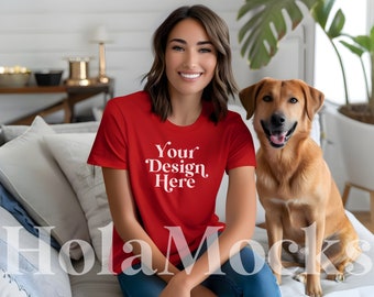 Dog Mom Mockup Red Bella Canvas 3001 Pets Dogs Puppy Mommy BC3001 T-Shirts Womens Woman Model Cute Boho Best Lifestyle Inclusive POD Mocks