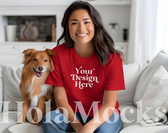 Dog Mom Mockup Red Bella Canvas 3001 Pets Dogs Puppy Mommy BC3001 T-Shirts Womens Woman Model Cute Boho Best Lifestyle Inclusive POD Mocks