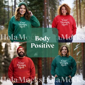 May include: Four people wearing sweatshirts in green and red, each with the text "Your Design Here". The image also includes the text "Body Positive" in a green rectangle. The people are in a snowy outdoor setting.