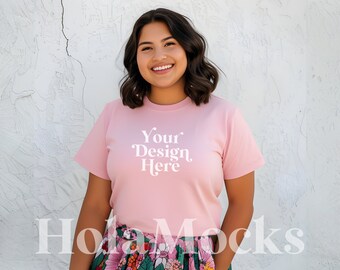 Blossom Shirt Mockup Comfort Colors 1717 Pink Latina Hispanic Diverse Models Mock-ups Girly Boho CC1717 Plus Sized Curvy Aesthetic POD Mocks