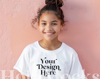 Kids Mockup Bella Canvas 3001Y White Shirt Young Girls Youth Diverse Black Model Girls T-Shirt Mock-up Minimalist Modern Aesthetic Tee Mocks