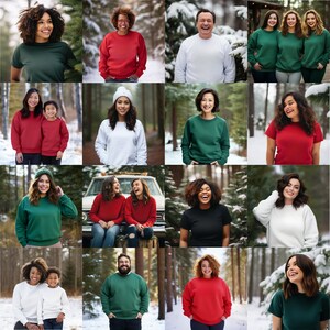 May include: A grid of sixteen images featuring people wearing solid-colored sweatshirts. The sweatshirts are in various colors, including green, red, white, and black. The people are of diverse backgrounds and are smiling. The background includes snowy and wooded outdoor settings.