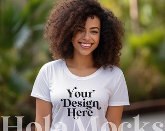 White Shirt Mockup Bella Canvas 3001 Latina Model Mock-up Lifestyle Trendy Modern T-Shirt Mockups Aesthetic Tee Mock Stock Photo Tees JPG