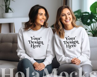 White Sweatshirt Group Mockup Gildan 18000 Two Women Model Mockups Trendy Modern Lifestyle Mock-up Hoodie Aesthetic Mock Stock Photo Mocks