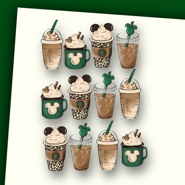 Set of 12 Mouse Ears  Coffee Cups Diecut Sticker Flakes