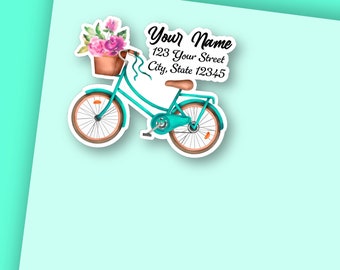 Custom Bicycle Return Address Labels - Set of 25 Envelope Letter Stationary Stickers Teal Bike w/ Basket of Flowers Vintage