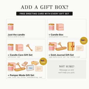 a gift set with various items, including a candle, a candle box, a candle care gift set, a gold journal gift set, a pamper mode gift set, and a free greeting card with every gift set.