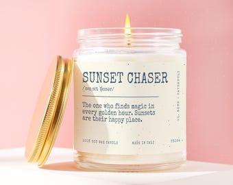 Sunset Chaser Candle, Definition Print Gift, Birthday Card for Her, Gift for Beach Lover Traveler Golden Hour Photographer Her Present TD164