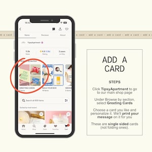 a smartphone displaying a greeting card app interface, with a red circle highlighting a specific greeting card. The app interface includes options for browsing, searching for items, and adding cards to a shopping cart.