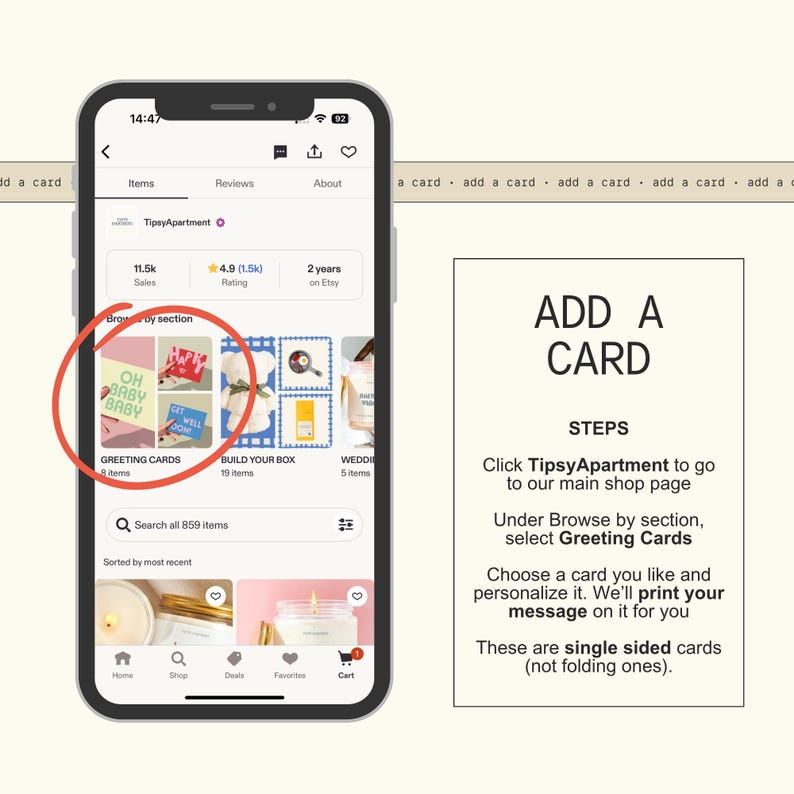 a smartphone displaying a greeting card app interface, with a red circle highlighting a specific greeting card. The app interface includes options for browsing, searching for items, and adding cards to a shopping cart.