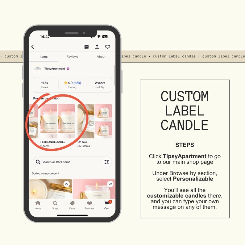 a smartphone screen with a search for personalized candles on a website called Tipsy Apartment. The phone screen shows a list of personalized candles for sale, with a focus on a candle named "Personalizable". The image also includes text that provides instructions on how to customize candles, including clicking the tipsyapartment link to go to the main shop page and selecting "Personalizable" under the browse bar.