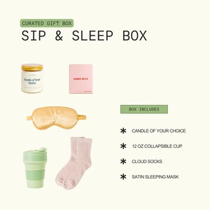 a curated gift box containing various items, including a candle, a sleep mask, a pair of socks, a cup, and a book.