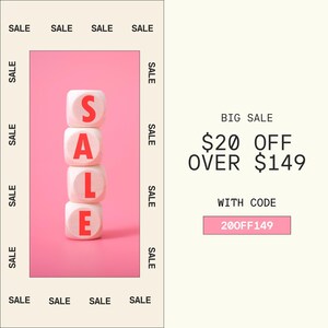 The image is a promotional poster for a sale, featuring a pink background with the word "SALE" written in large red letters. The poster includes a big sale offer with a $20 discount and a code for an additional $149 discount.